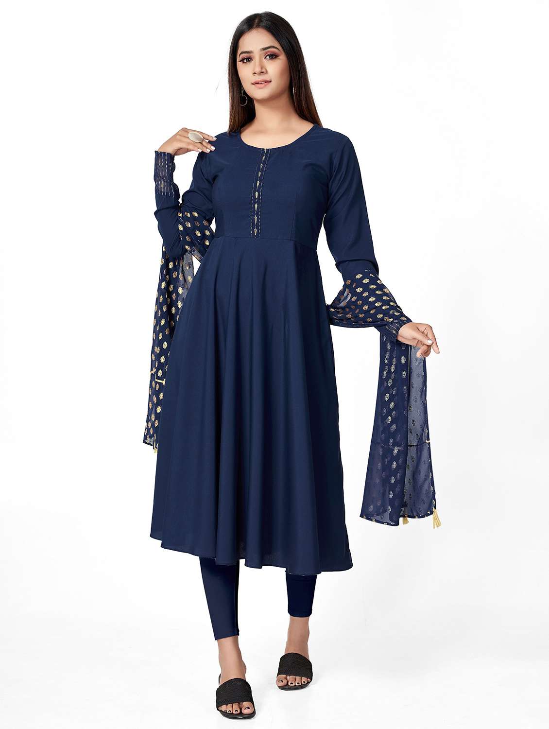 women solid long sleeve flared kurta and dupatta set - 22042185 - Zoom Image - 0