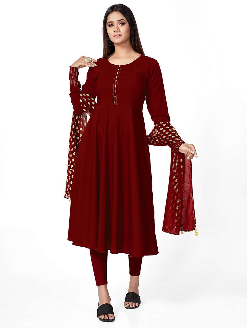 women solid long sleeve flared kurta and dupatta set