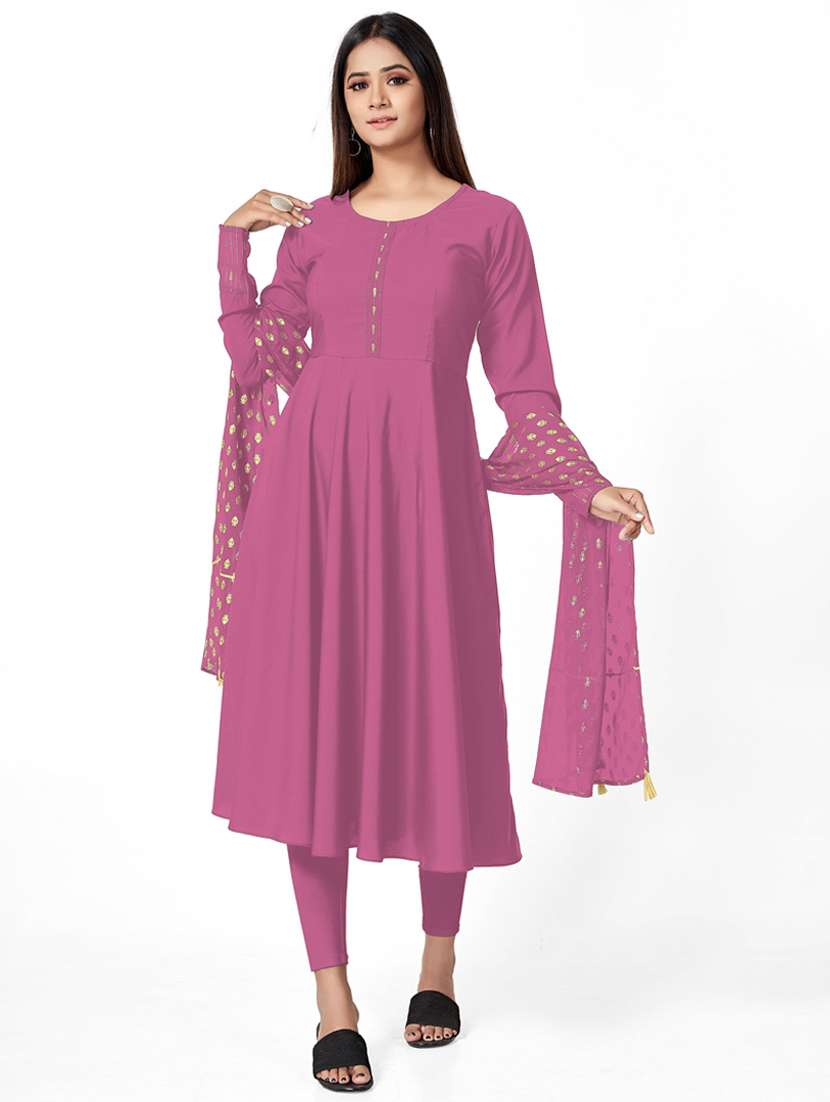 women solid long sleeve kurta and dupatta set