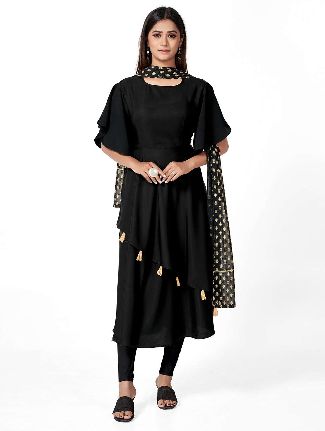women solid flared sleeve kurta and dupatta set