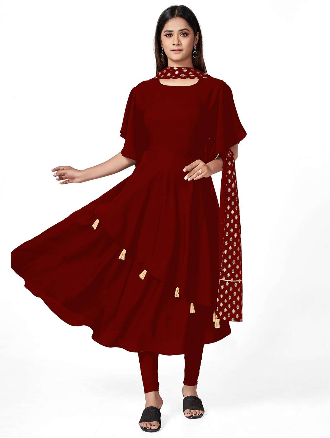 women solid flared sleeve kurta and dupatta set - 22042190 - Standard Image - 3