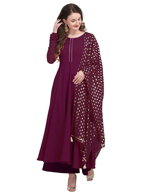women solid long sleeve anarkali kurta with dupatta set