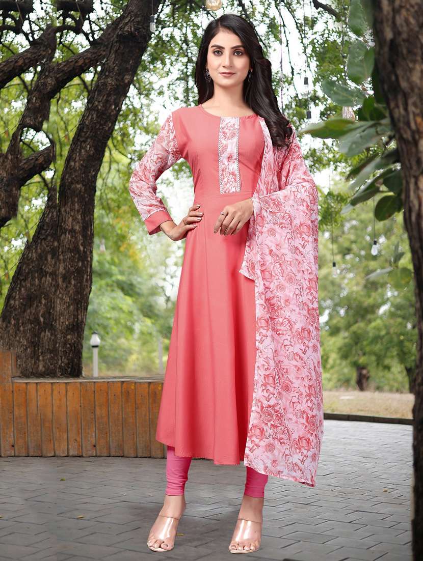 women printed long sleeve kurta and dupatta set
