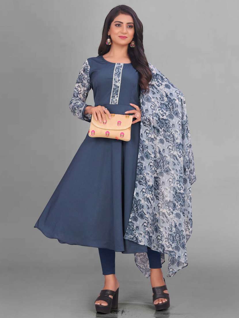 women printed long sleeve kurta and dupatta set