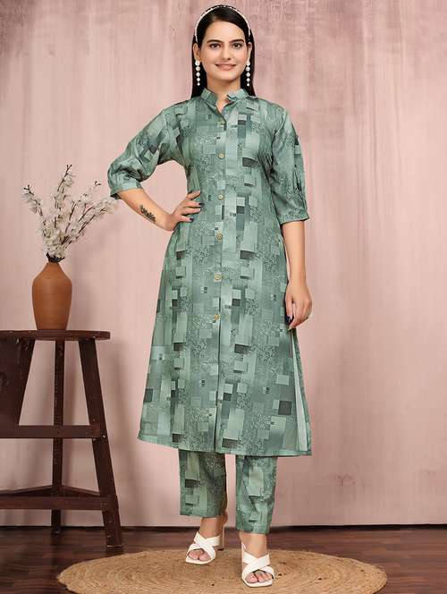 women printed three quarter sleeve kurta and pant set - 22042205 -  Standard Image - 0