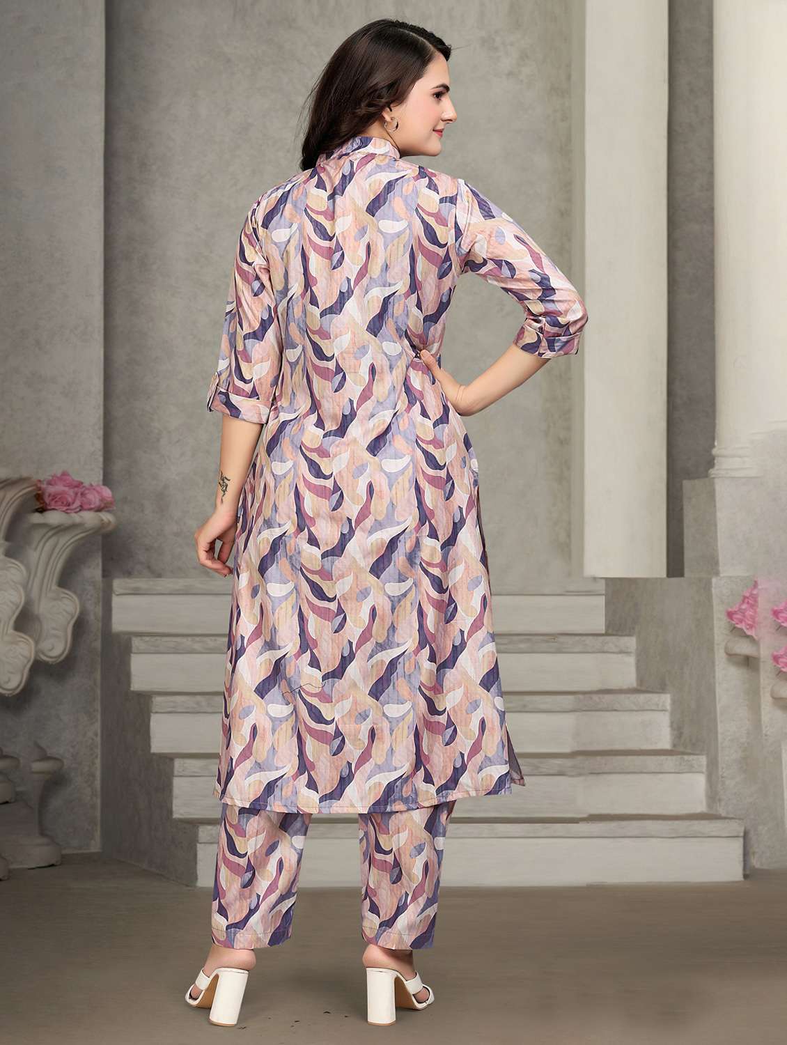 women printed three quarter sleeve kurta pant set - 22042206 - Standard Image - 3