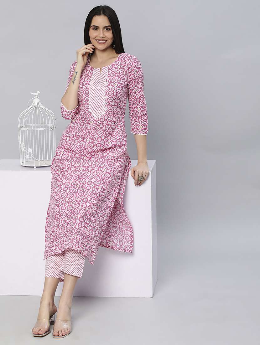 women printed three quarter sleeve kurta pant set - 22042212 - Zoom Image - 0