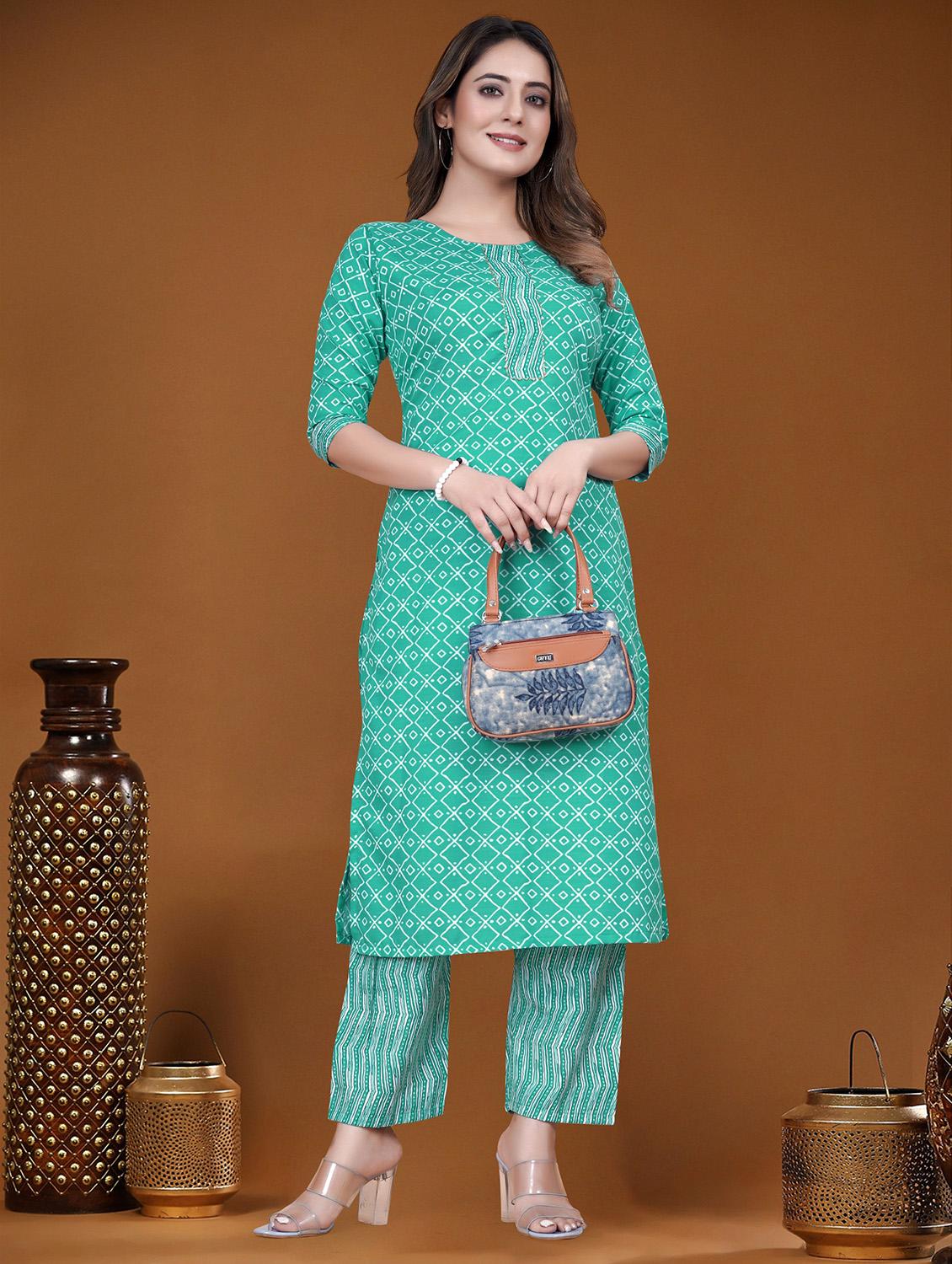 women printed three quarter sleeve kurta and pant set - 22042215 -  Zoom Image - 0