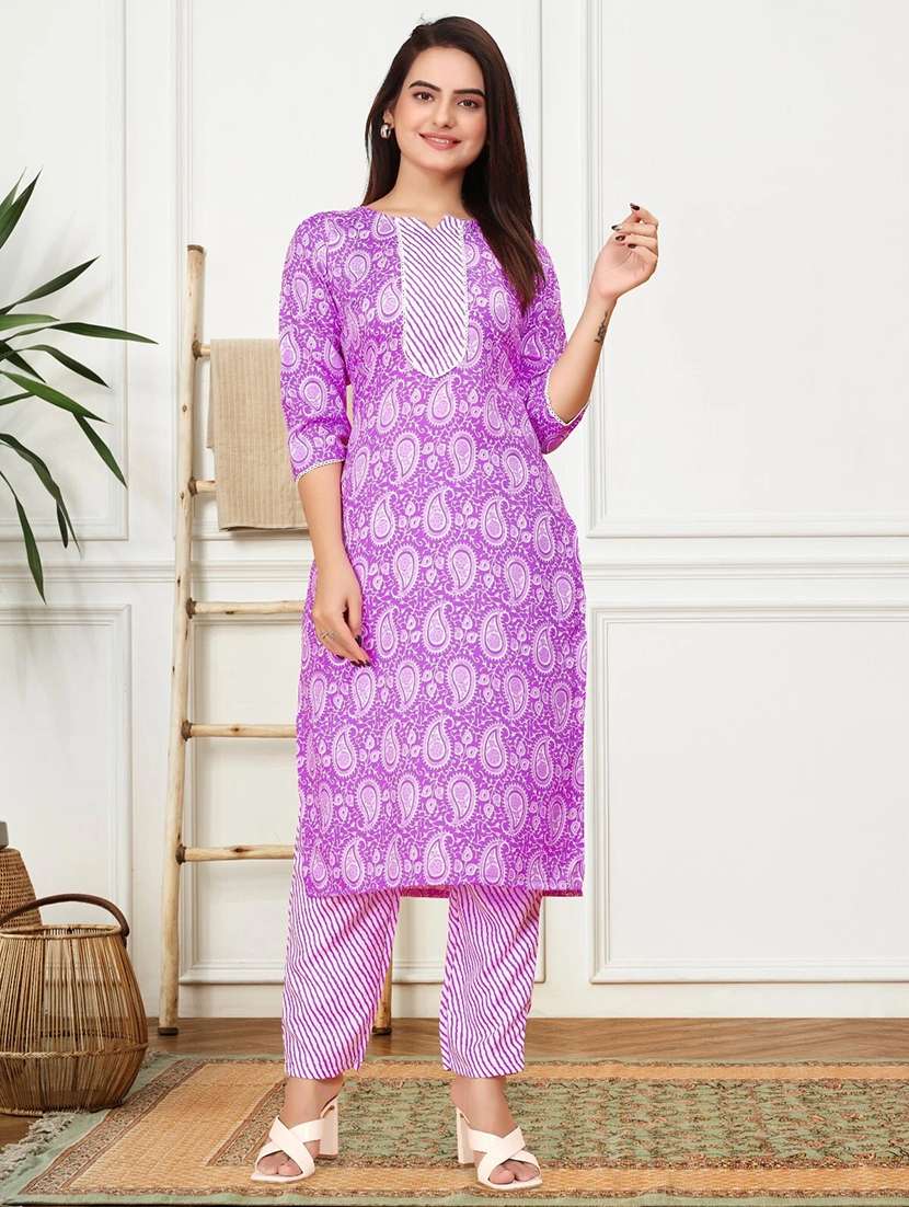women printed three quarter sleeve kurta pant set