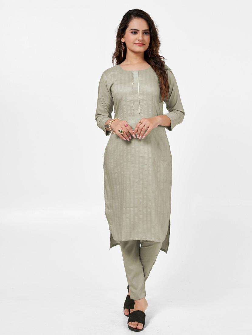 women solid three quarter sleeve kurta and pant set - 22042223 - Zoom Image - 0