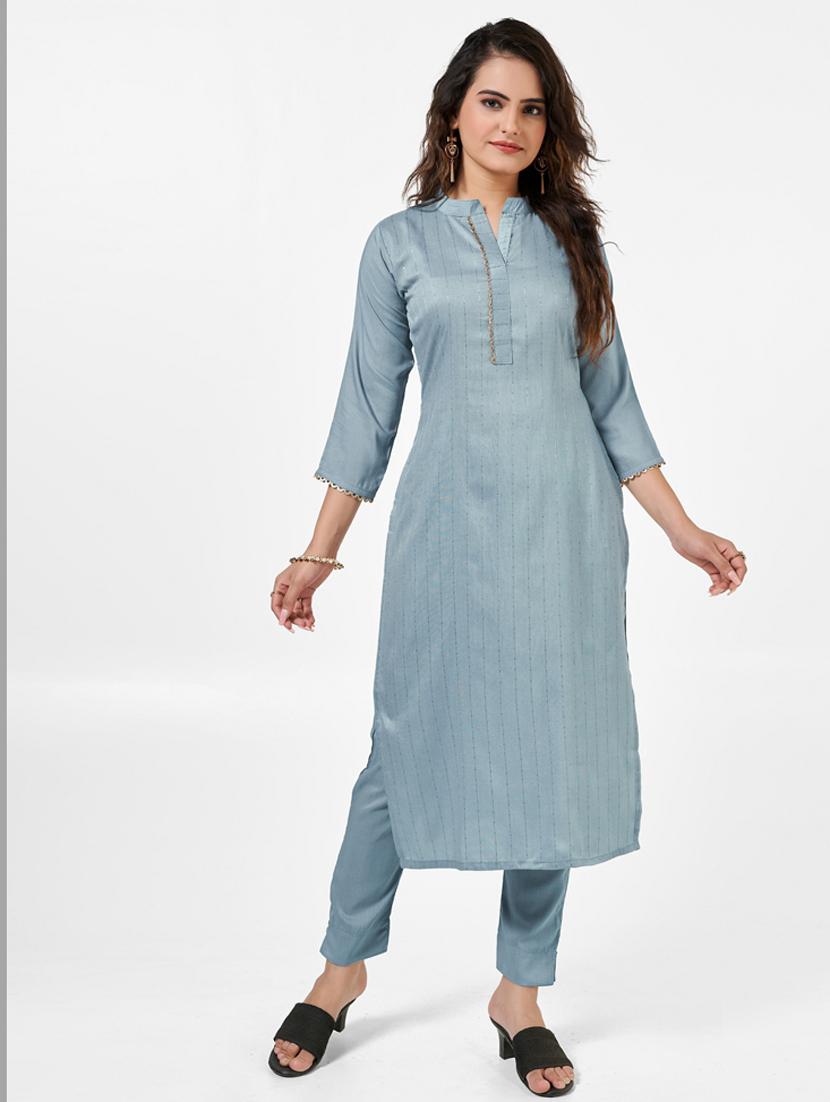 women solid three quarter sleeve kurta and pant set