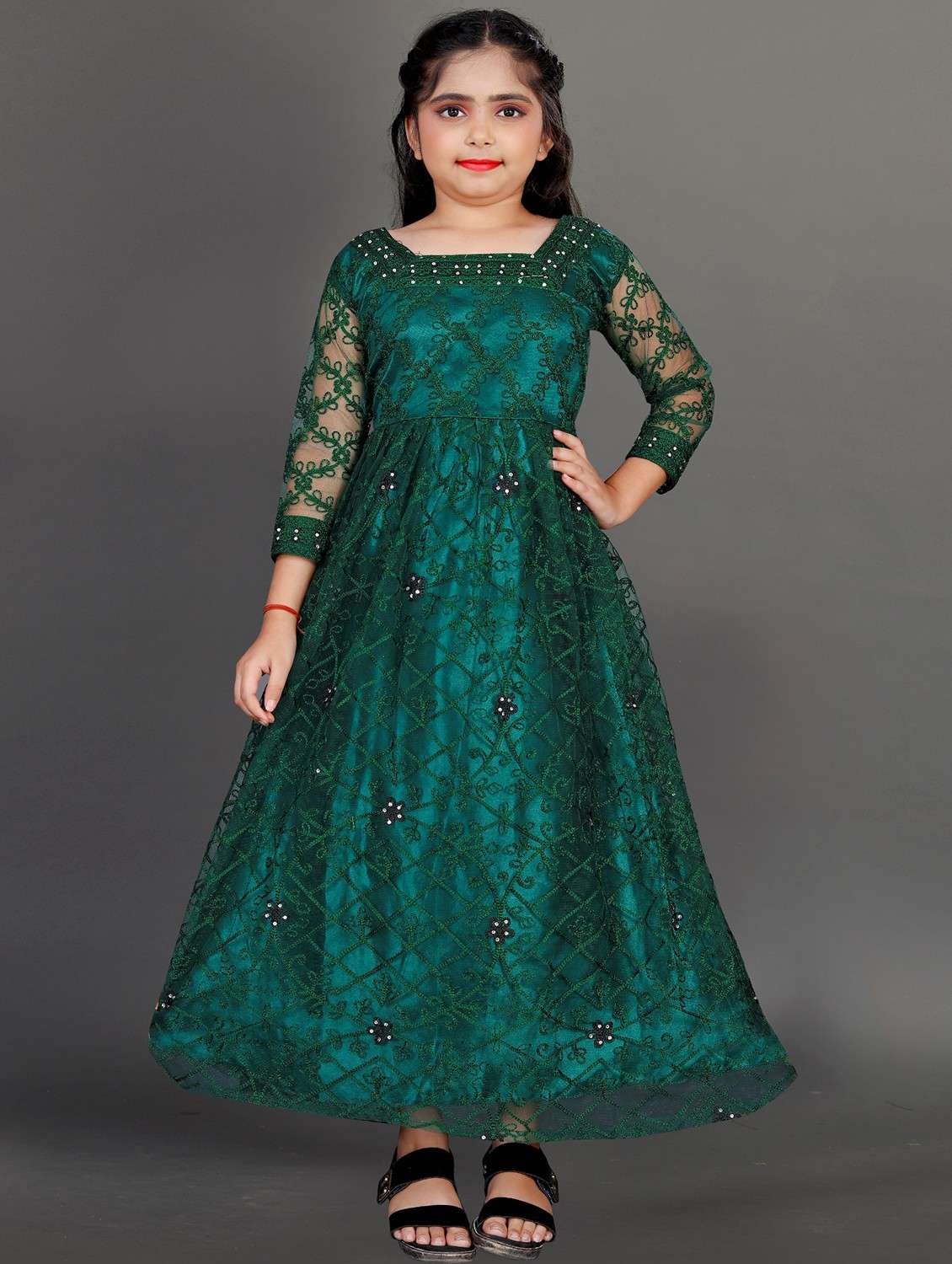 girls green embroidered fit & flare party gown - 22042232 - Zoom Image - 0