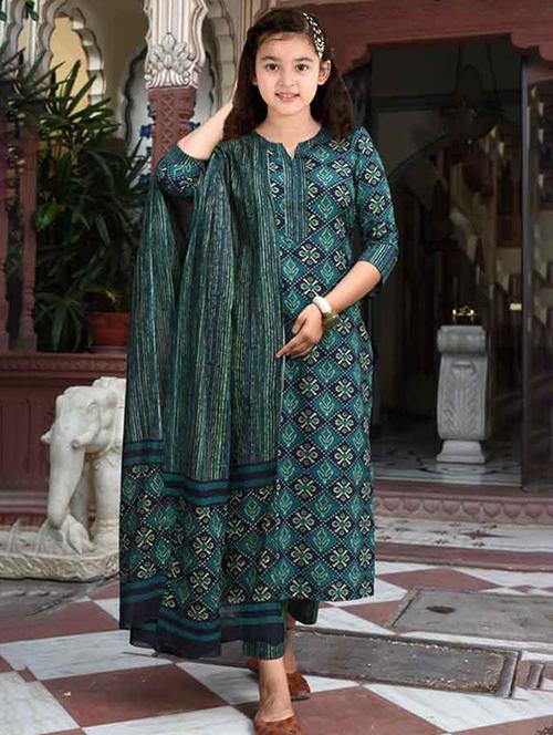 girls printed kurta and pant with dupatta - 22042247 - Standard Image - 0