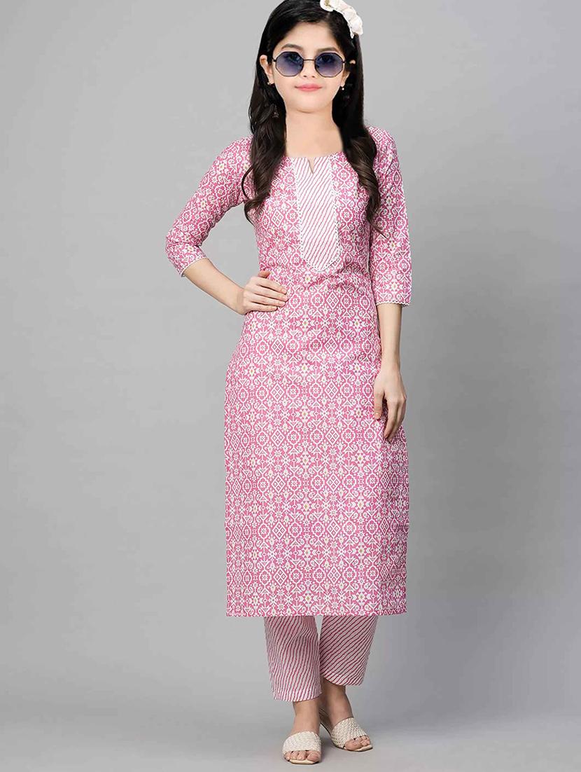 girls printed three quarter sleeve kurta and pant set - 22042250 - Zoom Image - 0