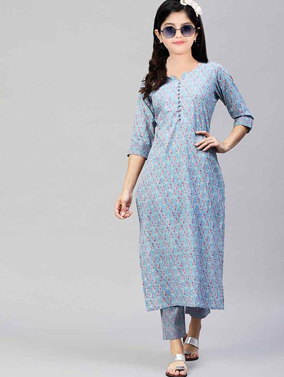 girls printed three quarter sleeve kurta and pant set - 22042253 - Zoom Image - 0