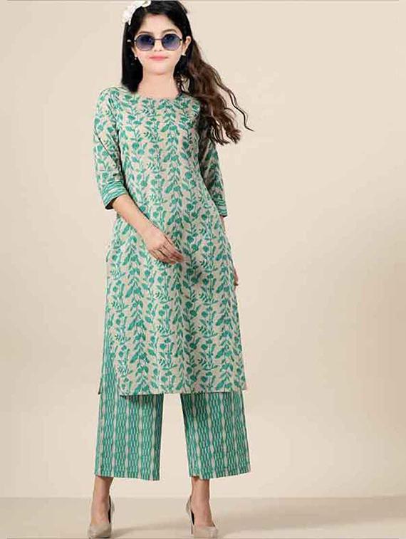girls printed three quarter sleeve kurta and pant set - 22042259 - Zoom Image - 0