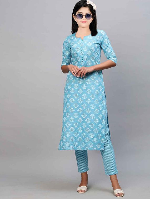 girls printed three quarter sleeve kurta and pant set  - 22042264 -  Zoom Image - 0