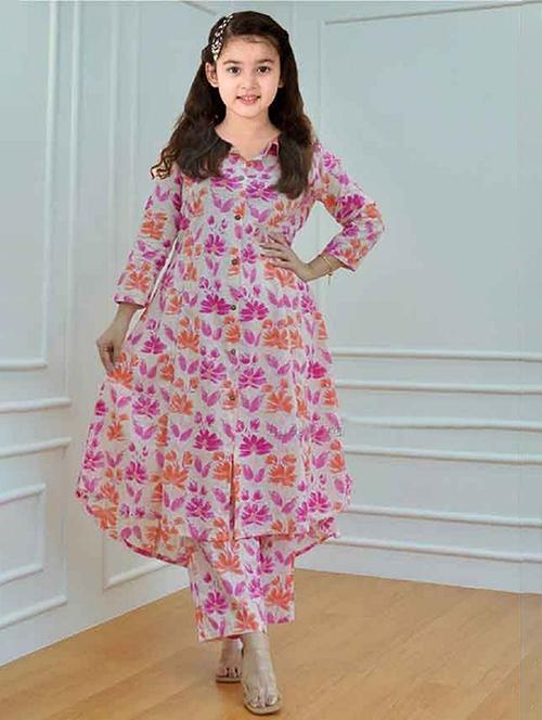 girls printed three quarter sleeve kurta and pant set  - 22042269 -  Standard Image - 0