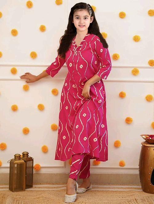 girls printed three quarter sleeve kurta and pant set - 22042270 - Standard Image - 0