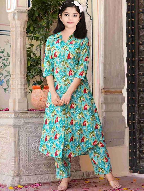 girls printed three quarter sleeve kurta and pant set  - 22042276 -  Zoom Image - 0