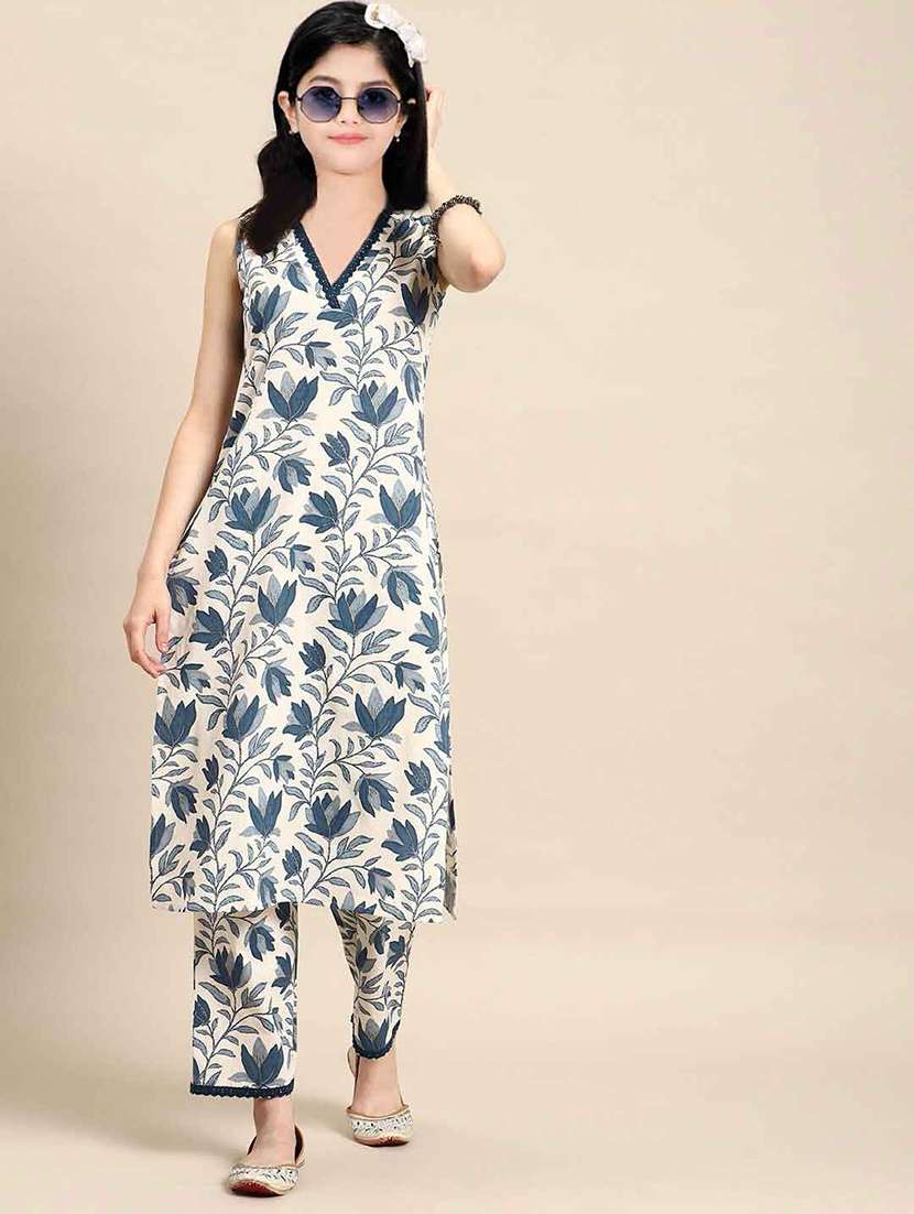 girls printed sleeveless kurta and pant set - 22042279 - Zoom Image - 0