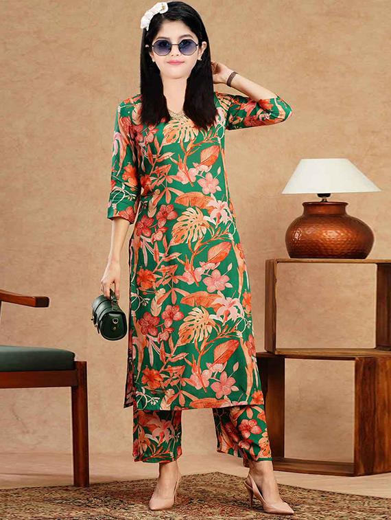 girls printed three quarter sleeve kurta and pant set - 22042283 - Zoom Image - 0