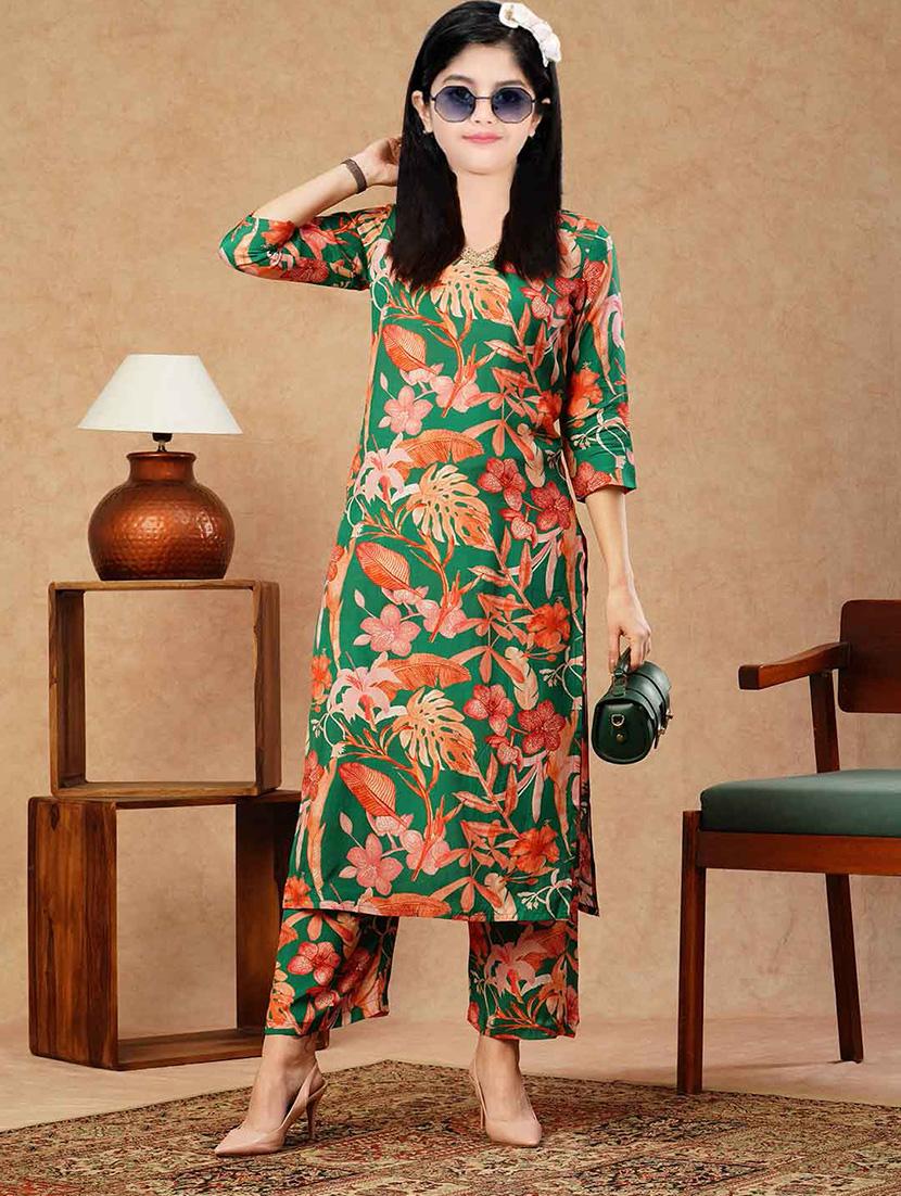 girls printed three quarter sleeve kurta and pant set - 22042283 - Standard Image - 3