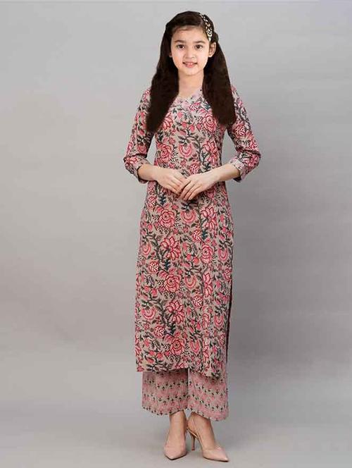girls printed three quarter sleeve kurta and pant set - 22042289 - Standard Image - 0
