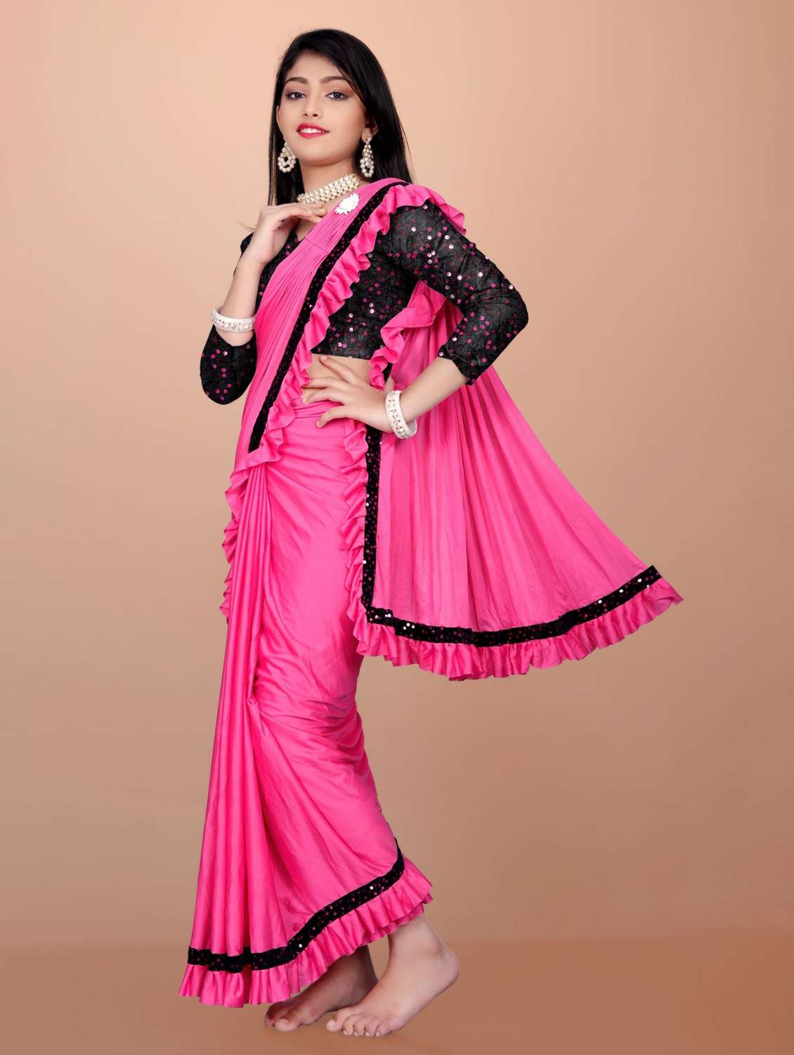 girls embellished ready to wear ruffle saree - 22042298 -  Standard Image - 3