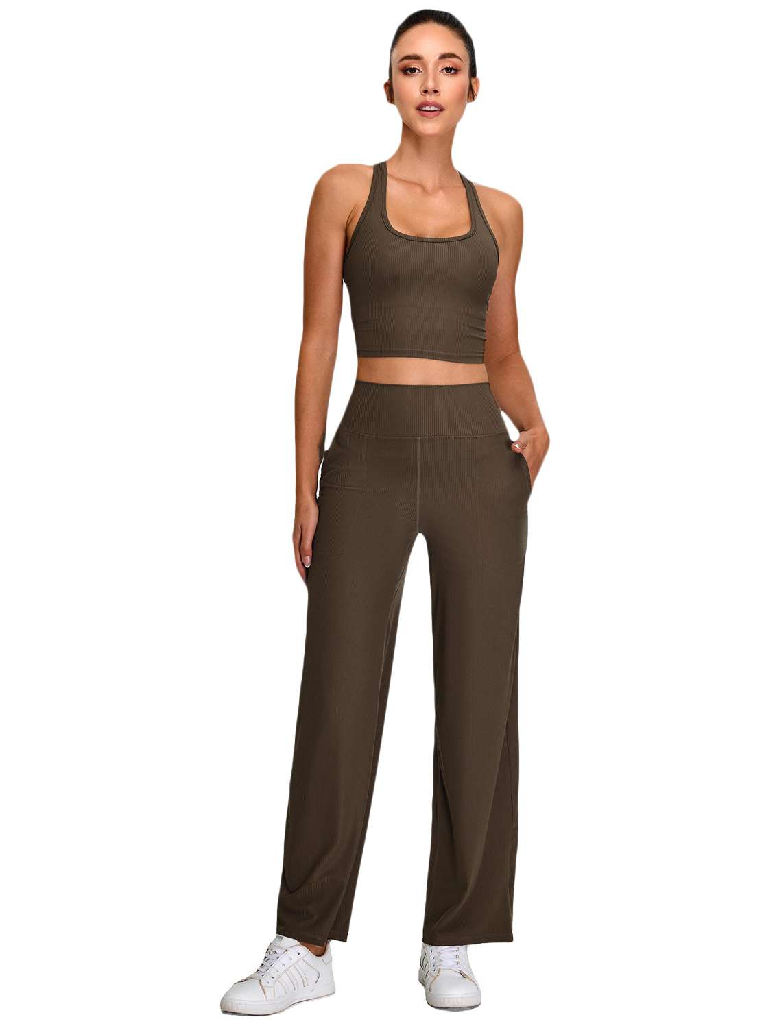 women brown solid active wear set