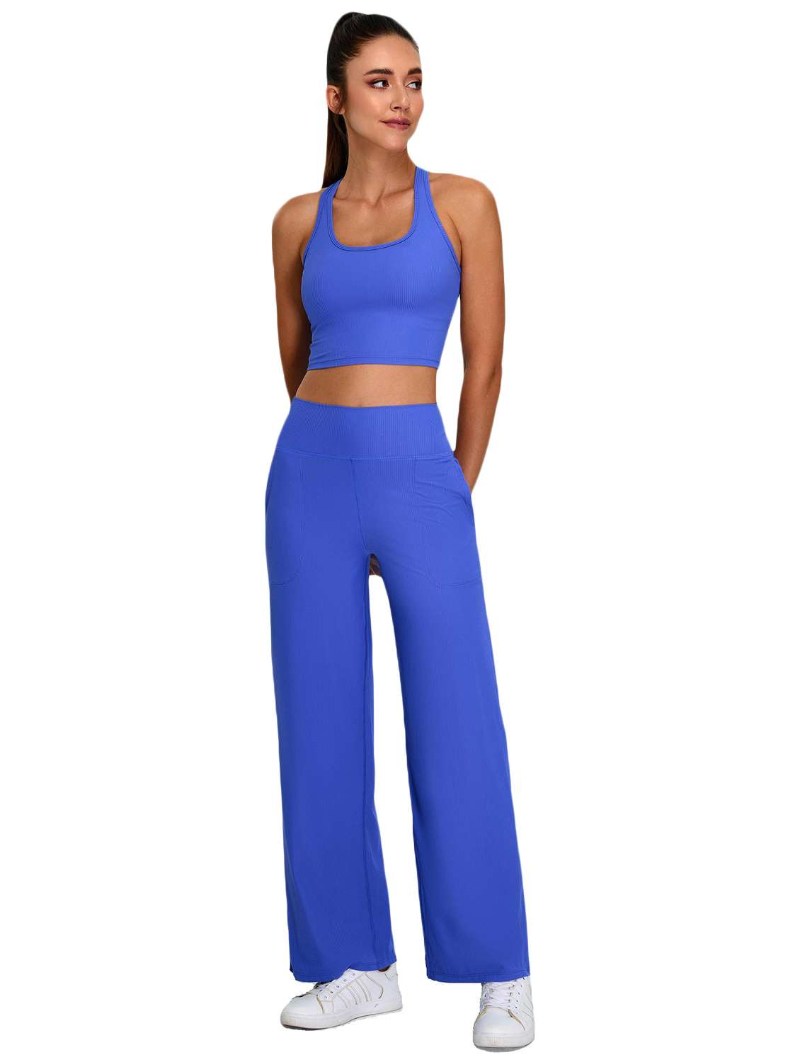 women blue solid active wear set