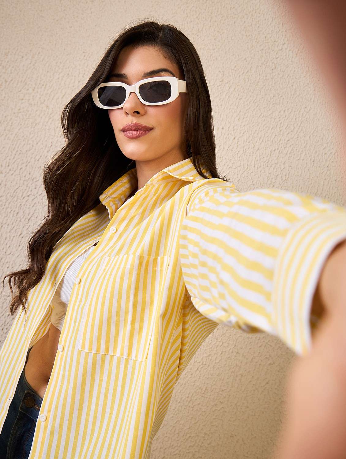 women striped collared long sleeve oversized shirt