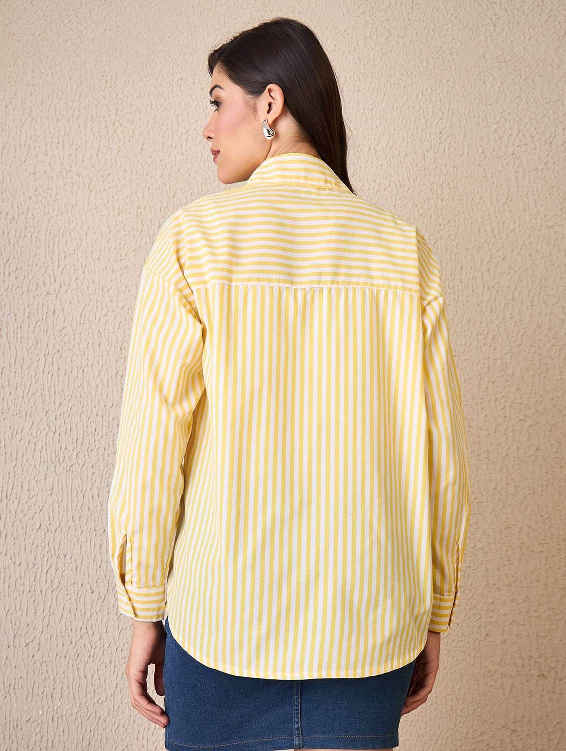 women striped collared long sleeve oversized shirt - 22042406 -  Standard Image - 3