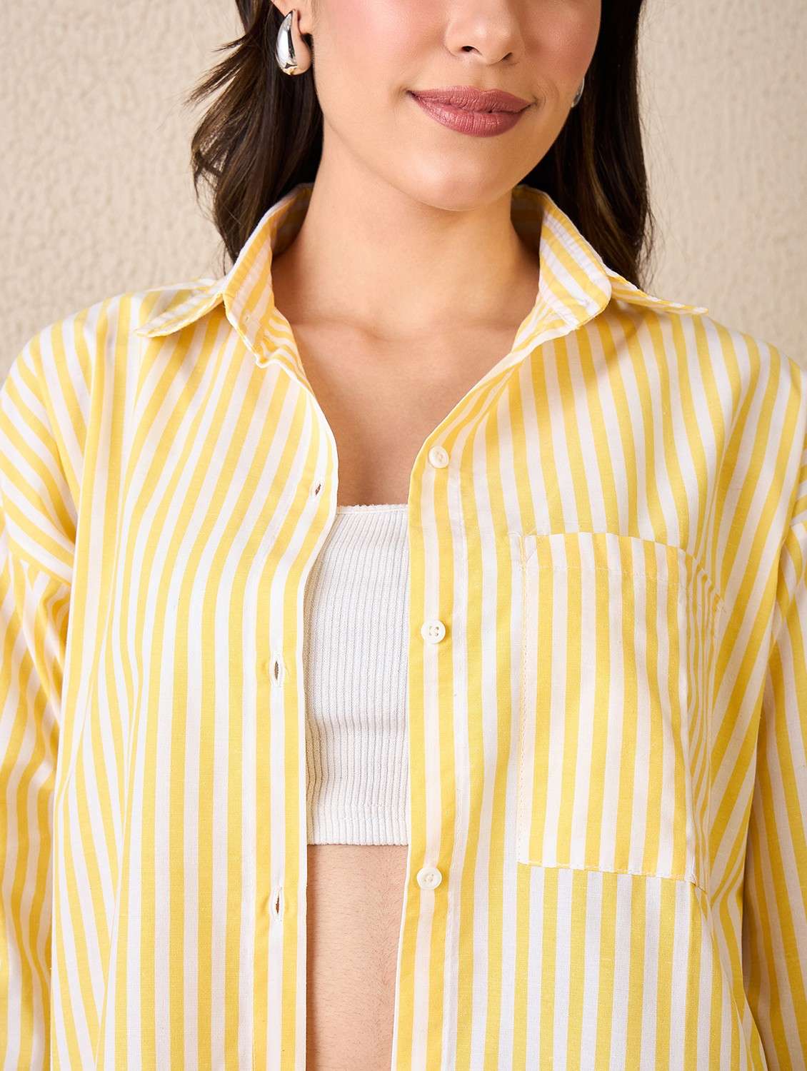 women striped collared long sleeve oversized shirt - 22042406 -  Standard Image - 5