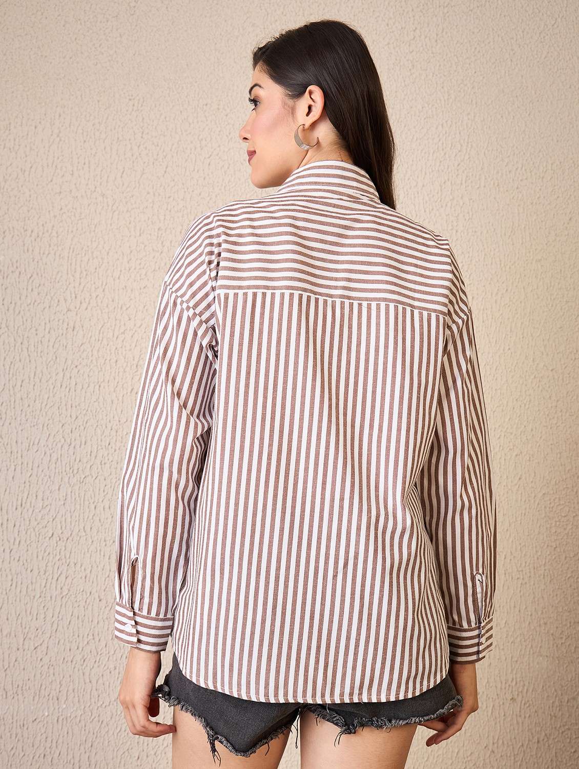 women striped collared long sleeve oversized shirt - 22042407 - Standard Image - 3