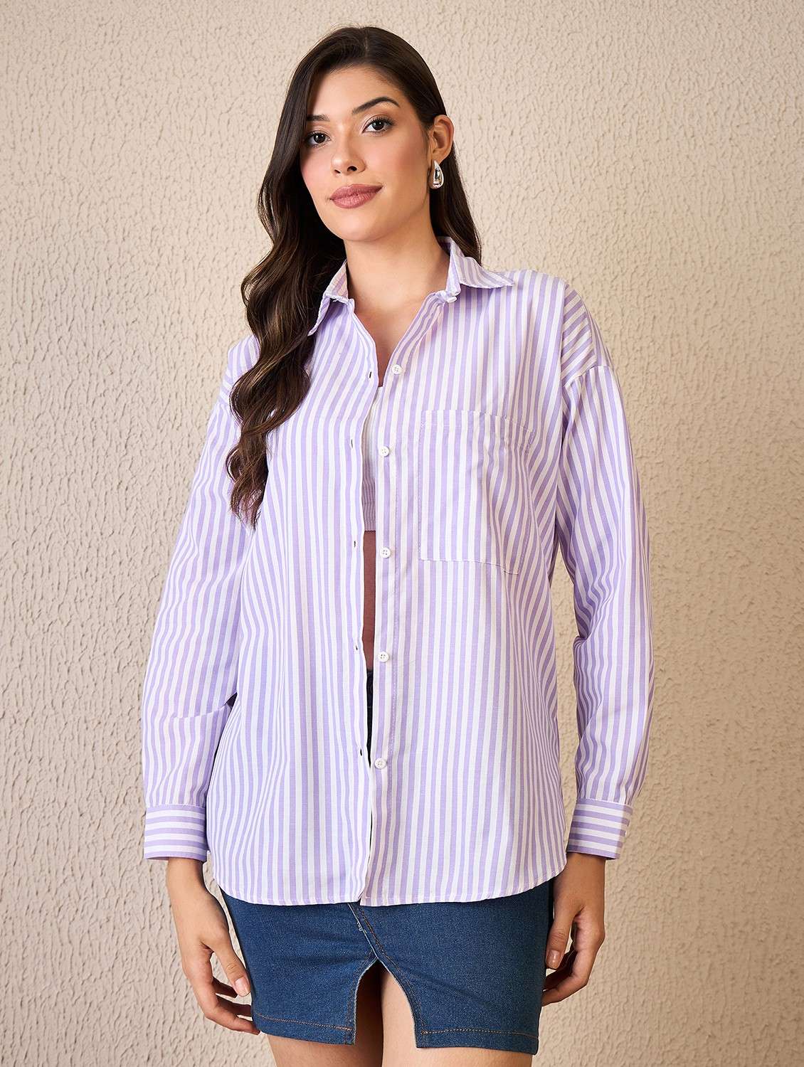 women striped collared long sleeve oversized shirt