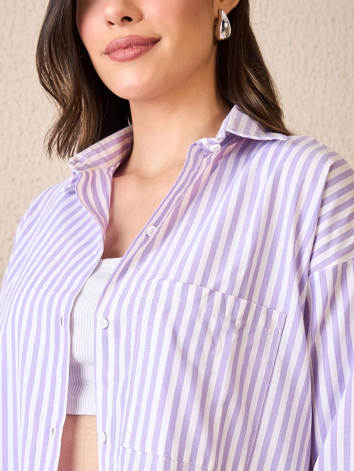 women striped collared long sleeve oversized shirt - 22042408 - Standard Image - 5