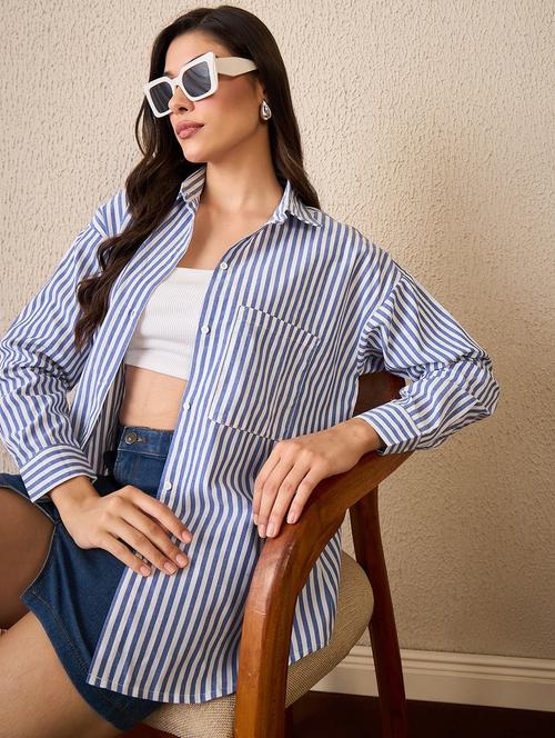 women striped collared long sleeve oversized shirt - 22042409 - Standard Image - 0