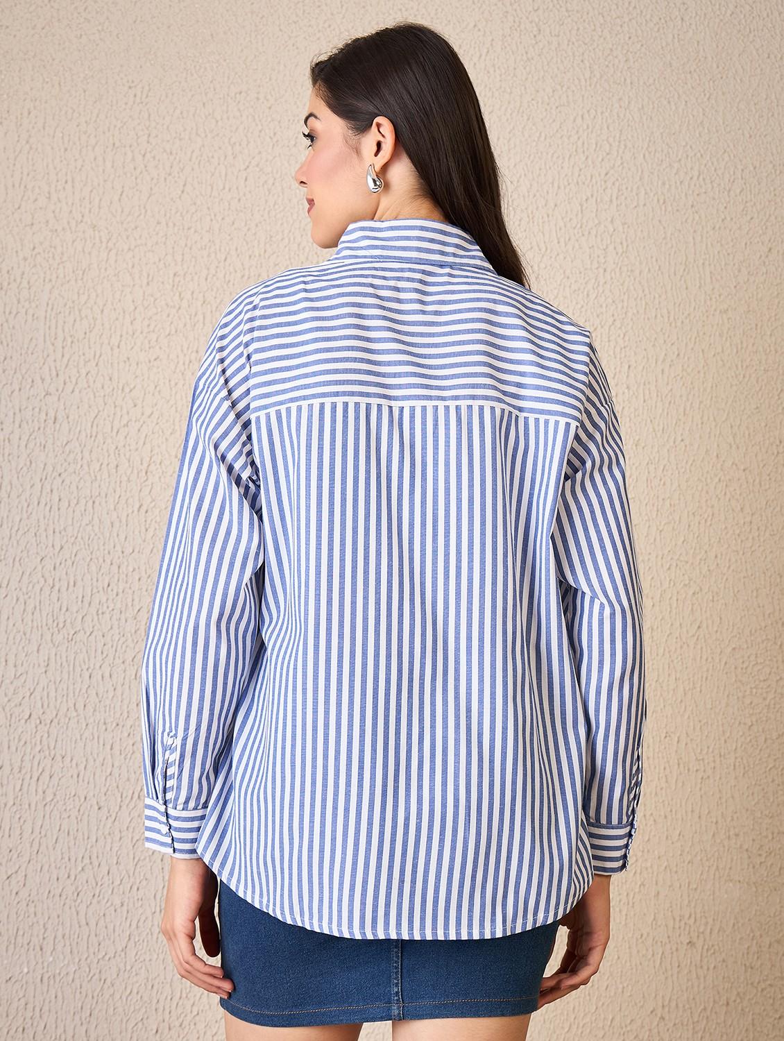 women striped collared long sleeve oversized shirt - 22042409 - Standard Image - 3