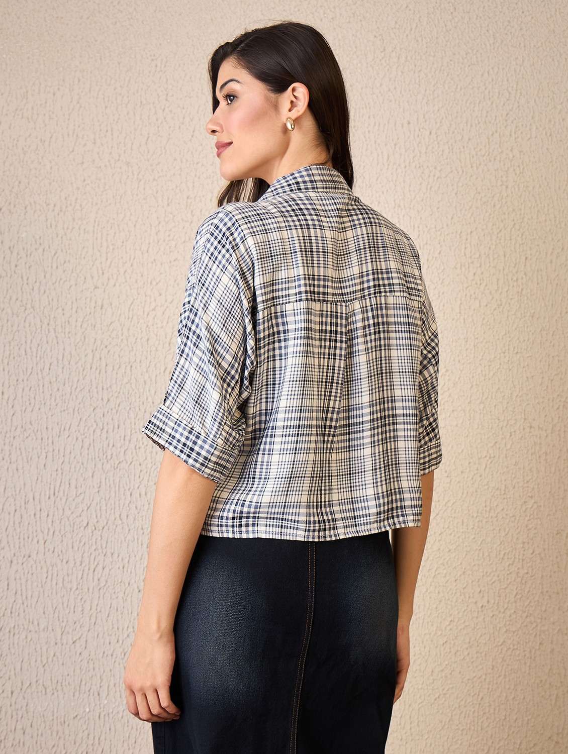 women checkered collared roll sleeve shirt - 22042414 - Standard Image - 3