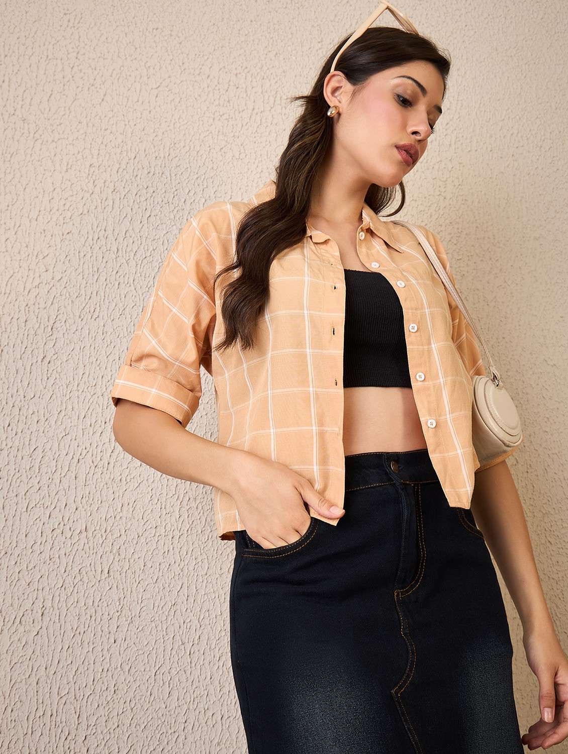 women checkered collared roll up sleeve shirt - 22042415 - Zoom Image - 0