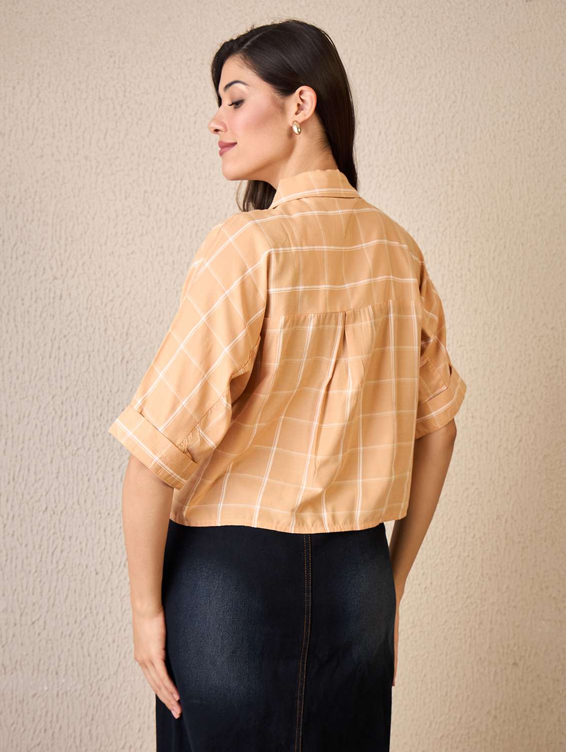 women checkered collared roll up sleeve shirt - 22042415 - Standard Image - 3