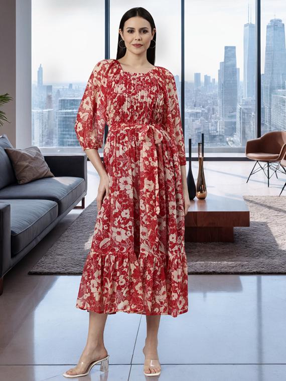 women floral printed puff sleeve tiered dress