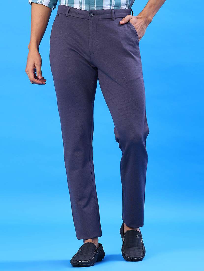 men solid mid rise flat front casual trouser