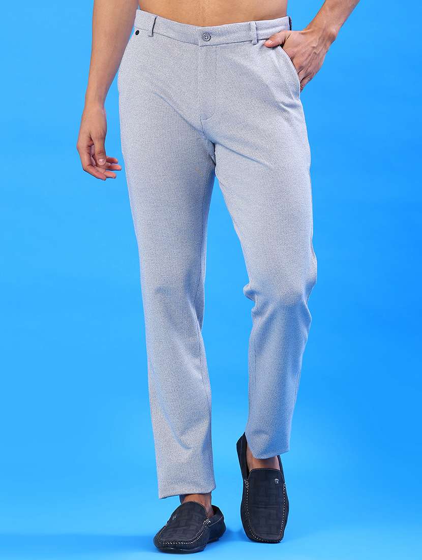 men solid mid rise flat front casual trouser