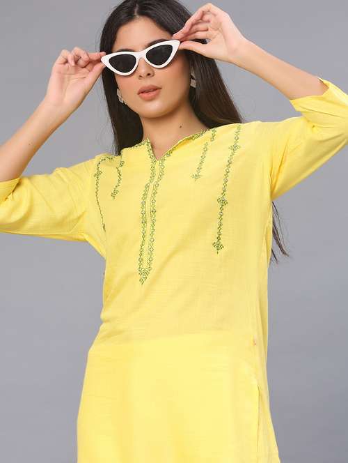 women embroidered three quarter sleeve straight kurti - 22042624 -  Standard Image - 0