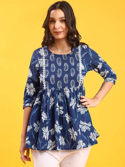 women floral printed three quarter sleeve a-line kurti - 22042678 -  Standard Image - 0