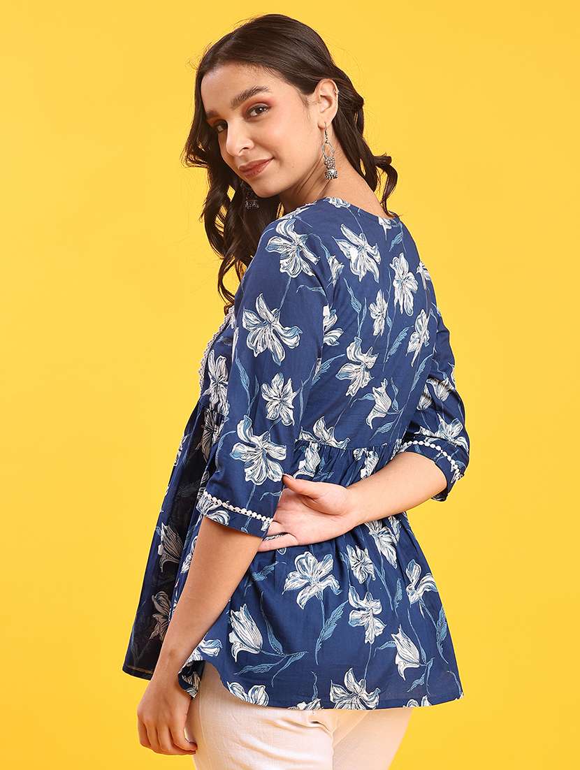 women floral printed three quarter sleeve a-line kurti - 22042678 -  Standard Image - 3