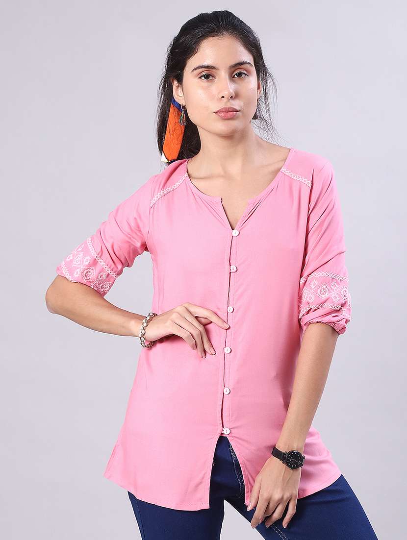 women solid with work three quarter sleeve a-line kurti