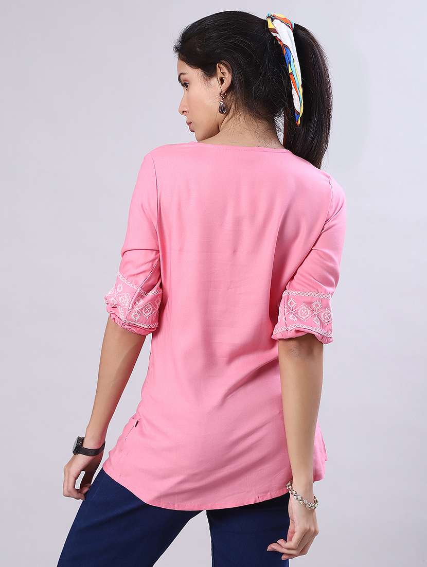 women solid with work three quarter sleeve a-line kurti - 22042680 -  Standard Image - 3